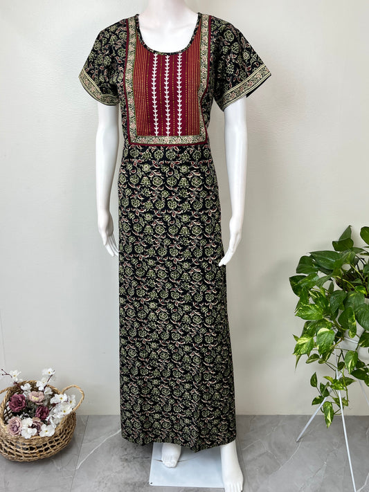 Black Pure Cotton Embroidered Nighty for Women