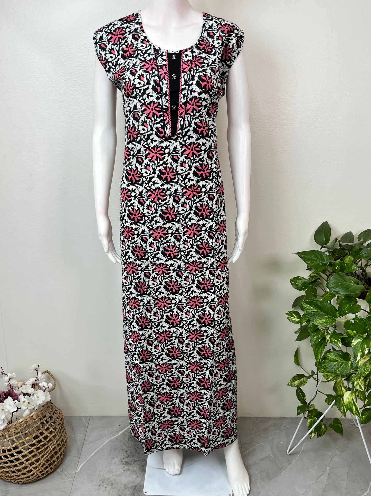 Black Pure Cotton Sleeveless Nighty