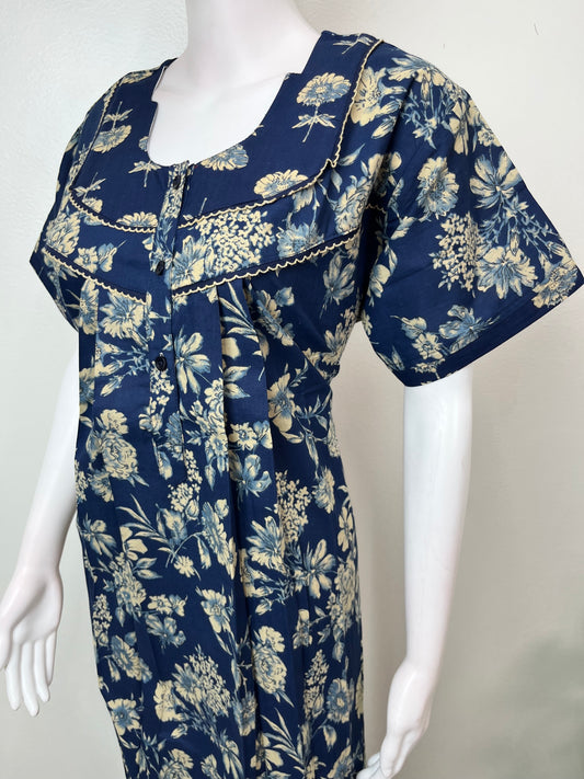 Navy Blue Pleated 100% Cotton Nightgown