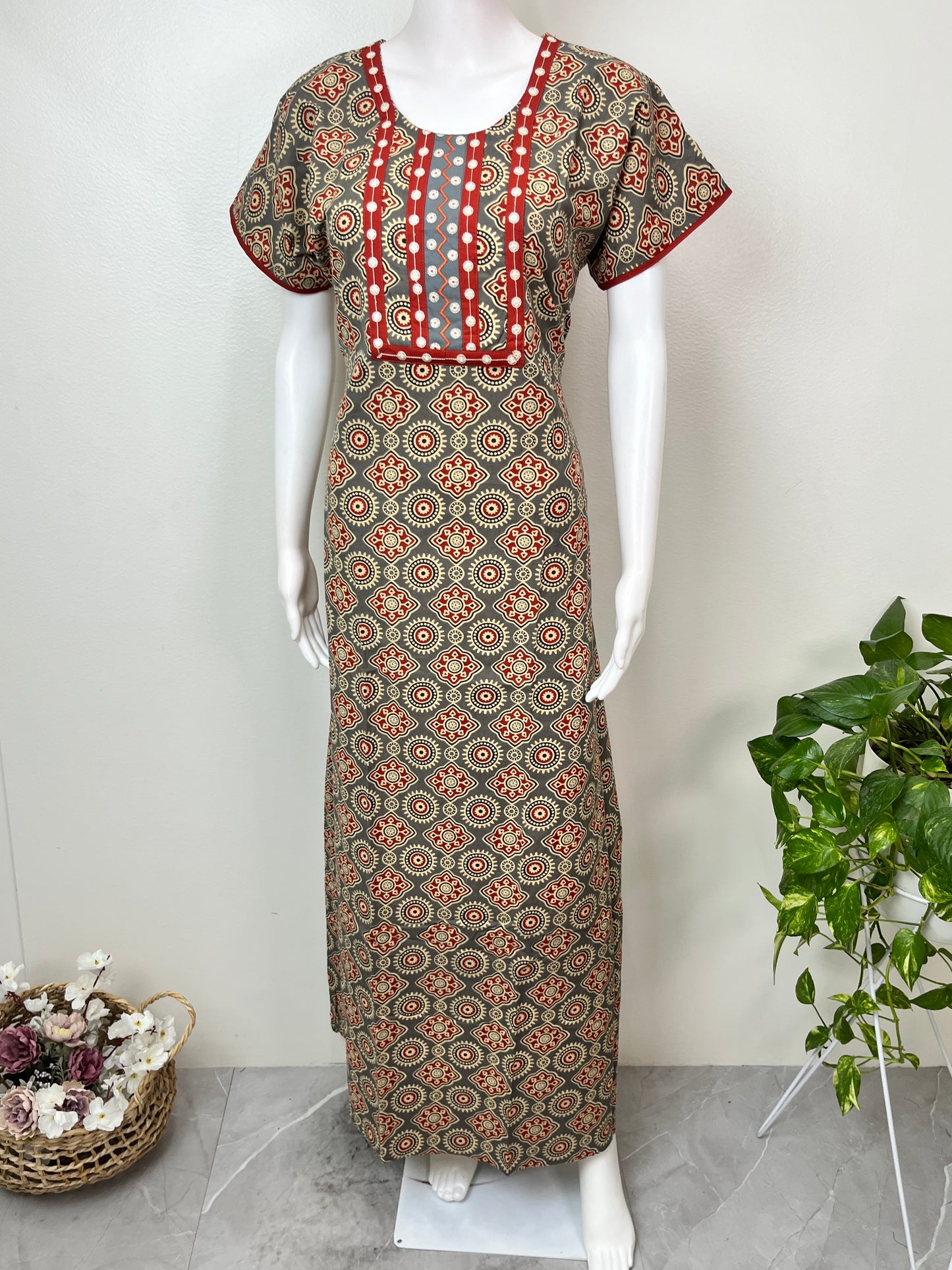 Gray Embroidered Pure Cotton Nightgown for Women