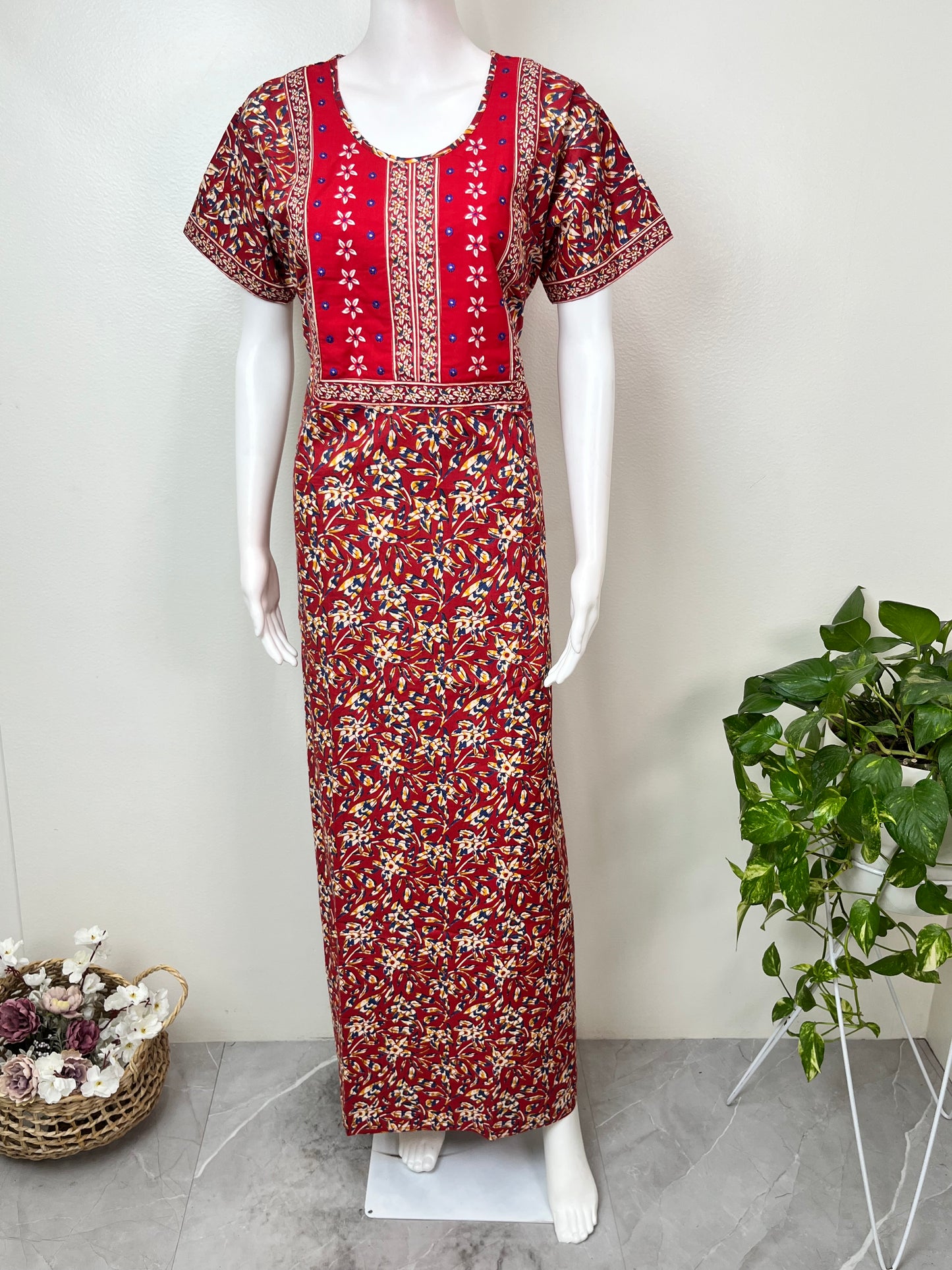 Red Classic Embroidered Pure Cotton Nightgown