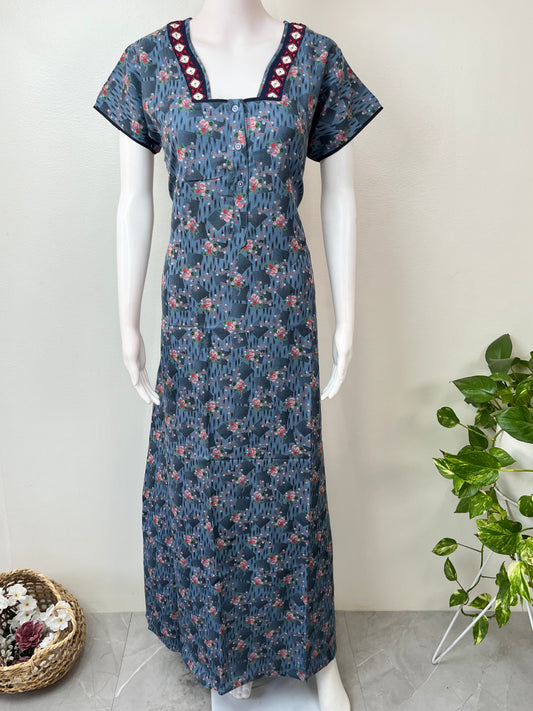 Blue Embroidered Alpine Fabric Nightgown