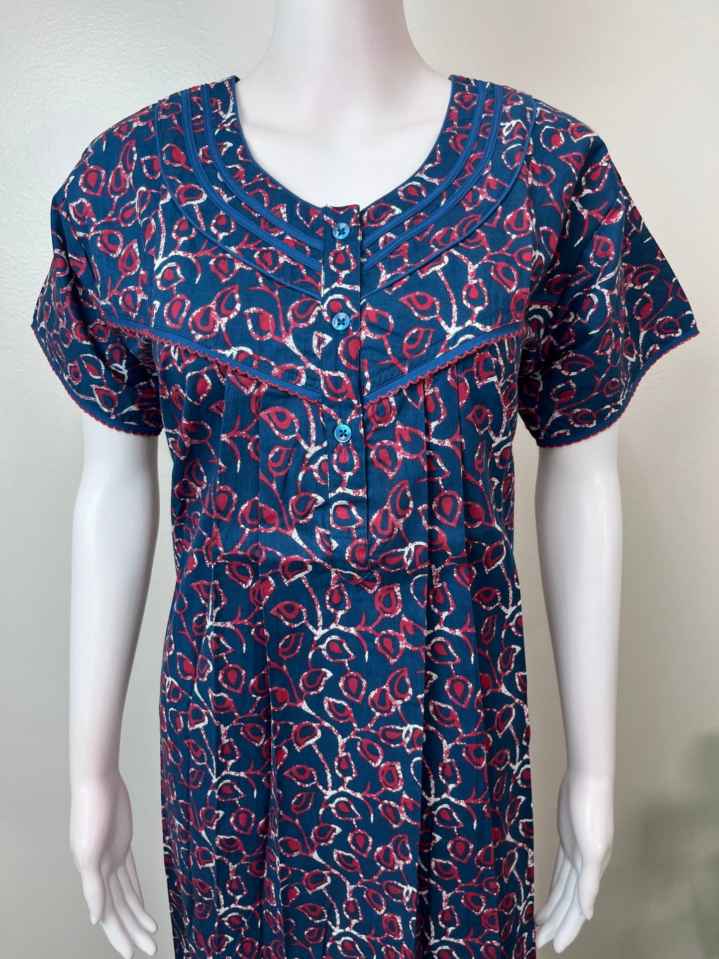 Navy Blue Pure Cotton Nighty with Contrast Print