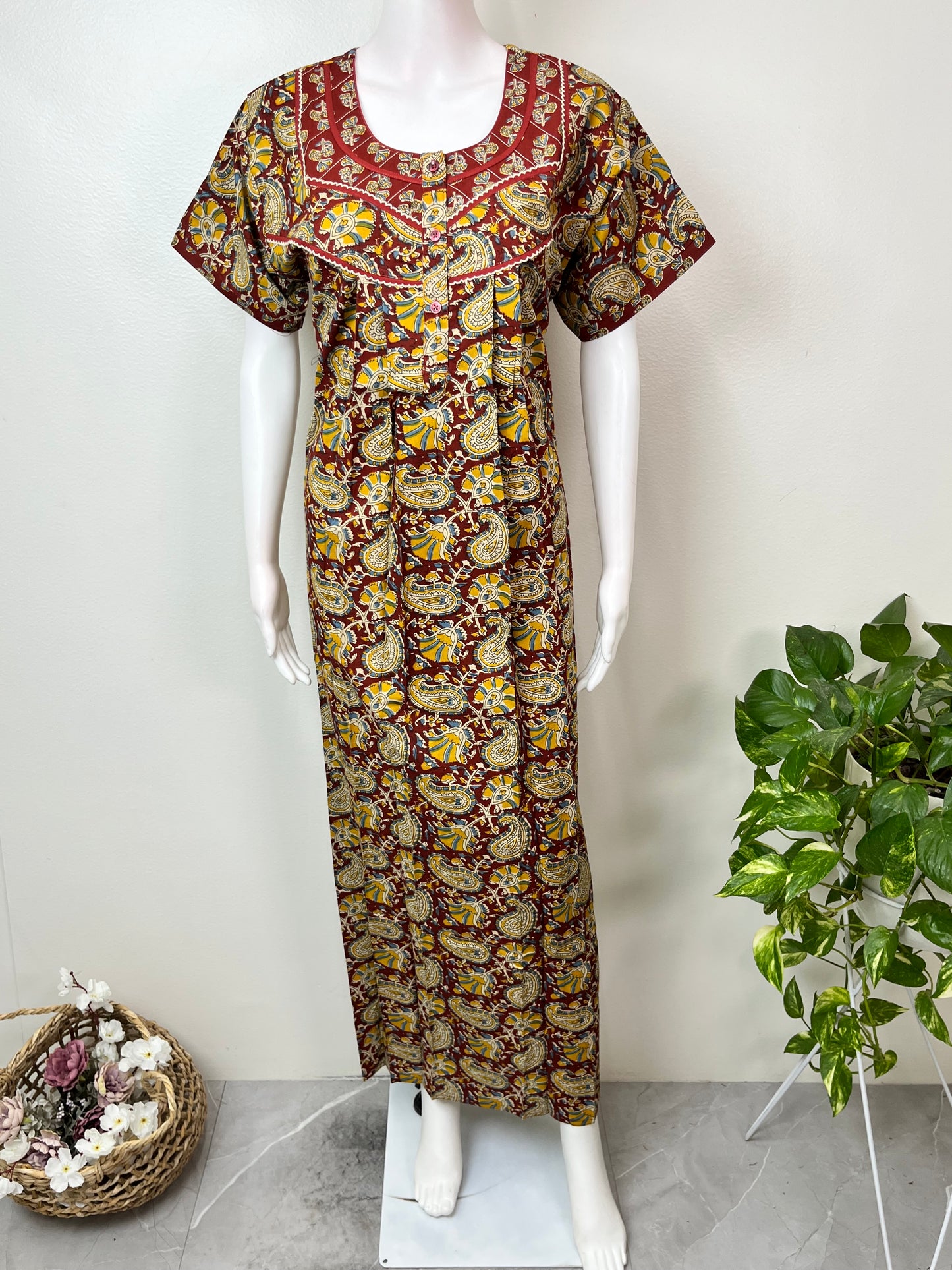 Maroon Ajrak Printed 100% Cotton  Nightgown