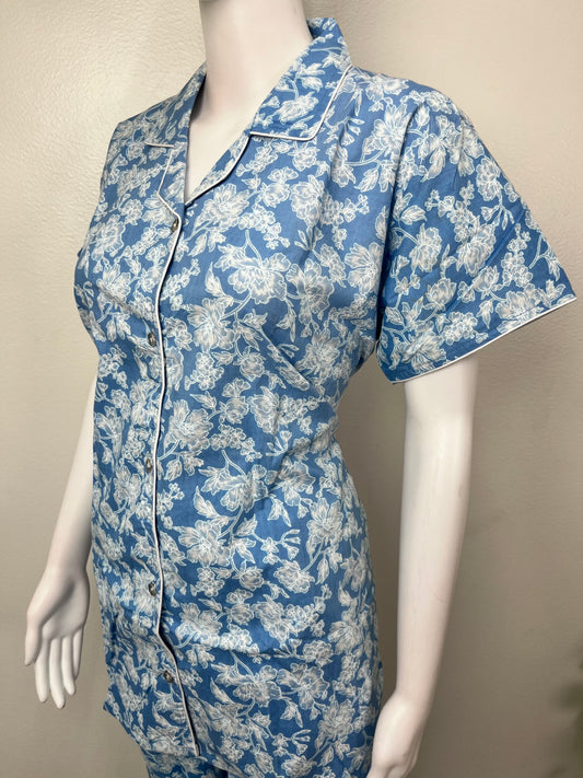 Sky Blue Classic Cotton Nightwear Set- Button Shirt & Pyjamas