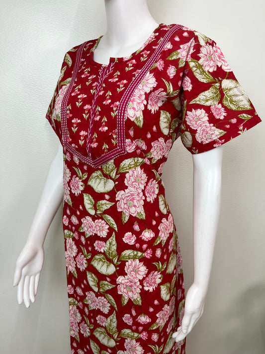 Red Floral Printed Pure Cotton Nightgown