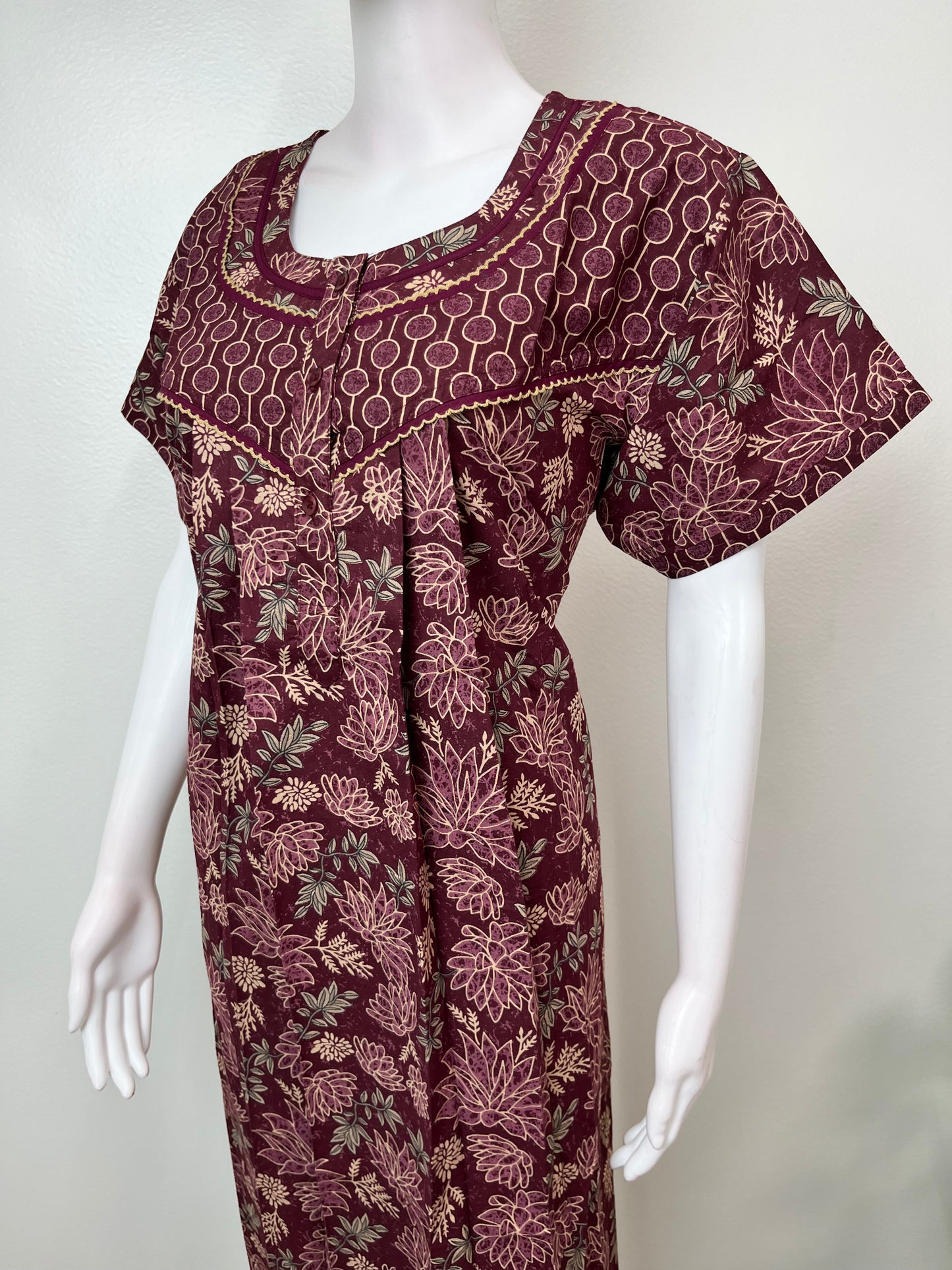 Wine Pure Cotton Nightgown with Double Print
