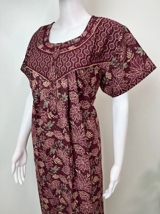 Wine Pure Cotton Nightgown with Double Print