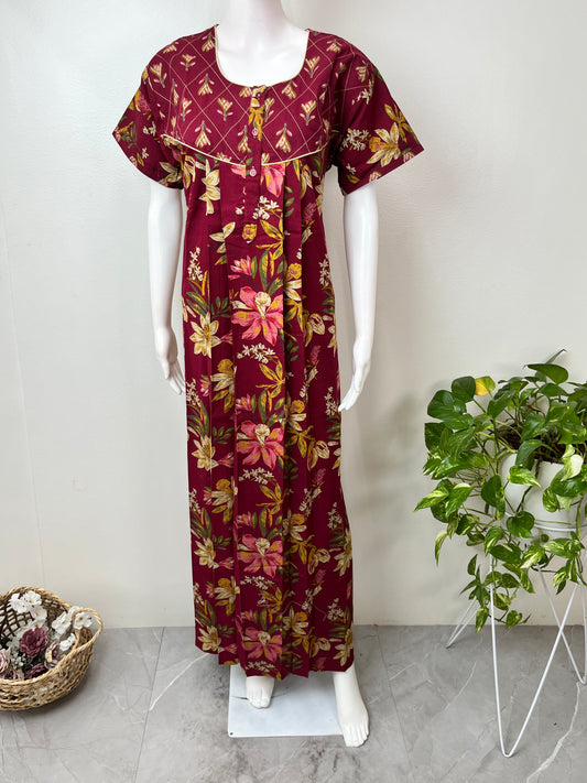 Maroon Pure Cotton Nightgown for Women