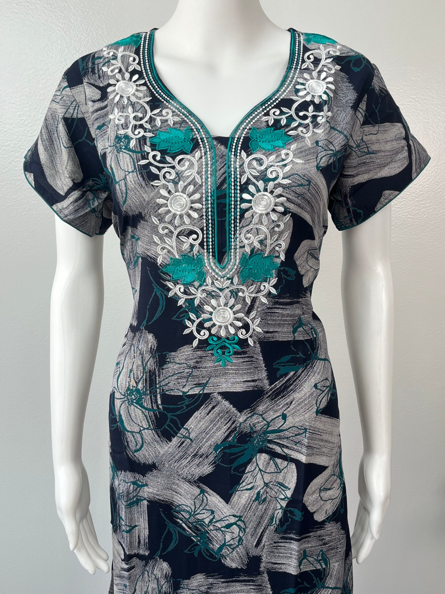 Teal Embroidery Black Alpine Fabric Nighty for Women