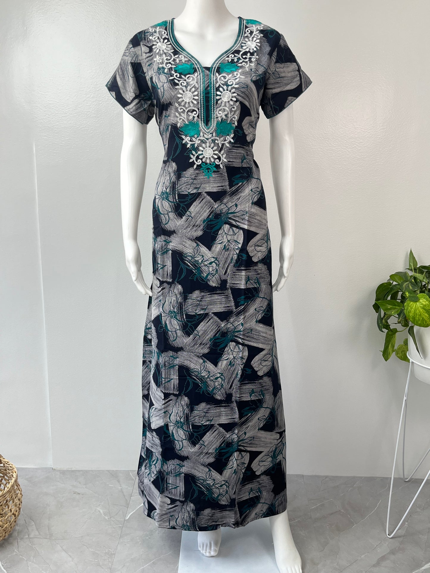 Teal Embroidery Black Alpine Fabric Nighty for Women