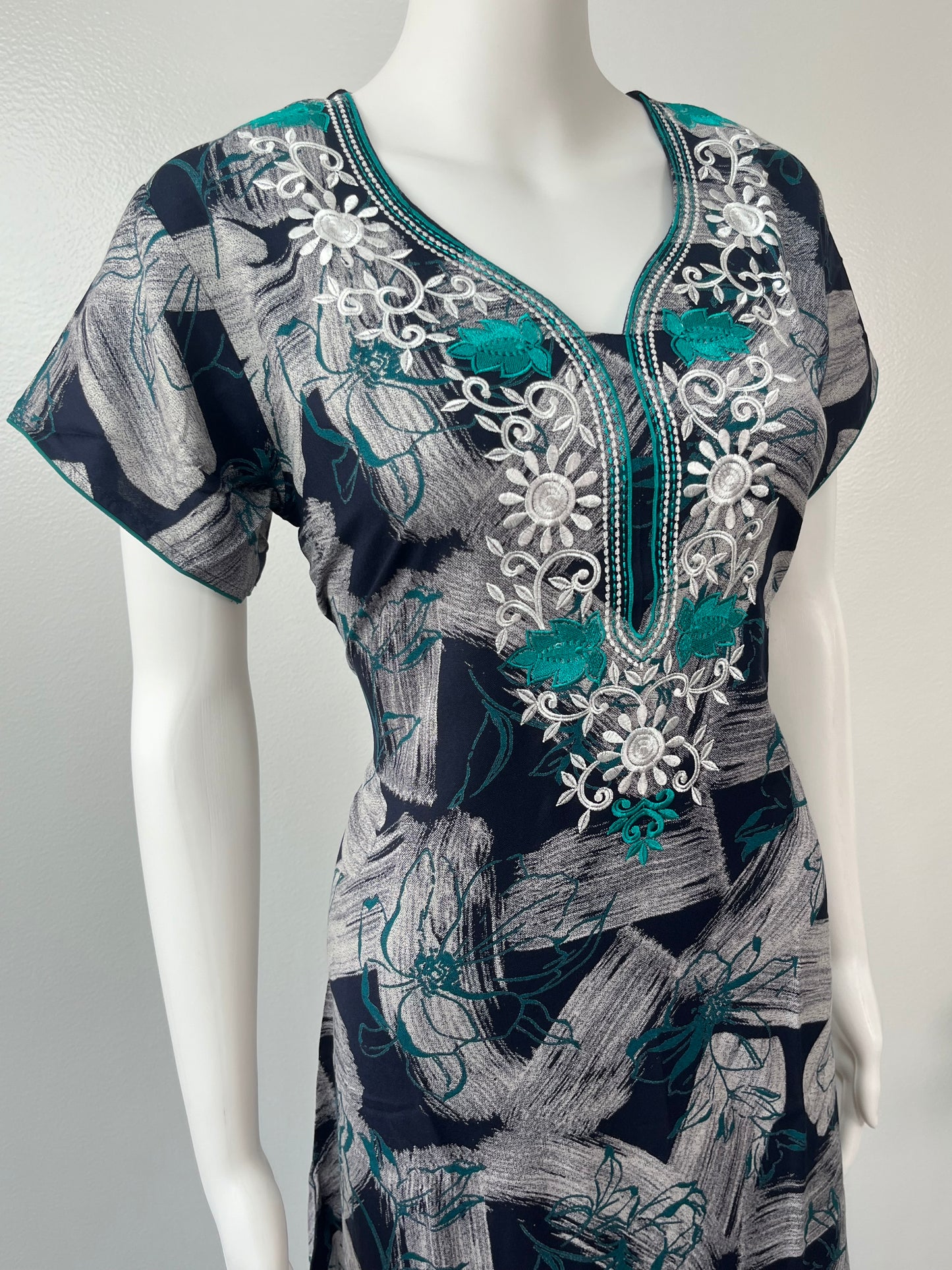 Teal Embroidery Black Alpine Fabric Nighty for Women