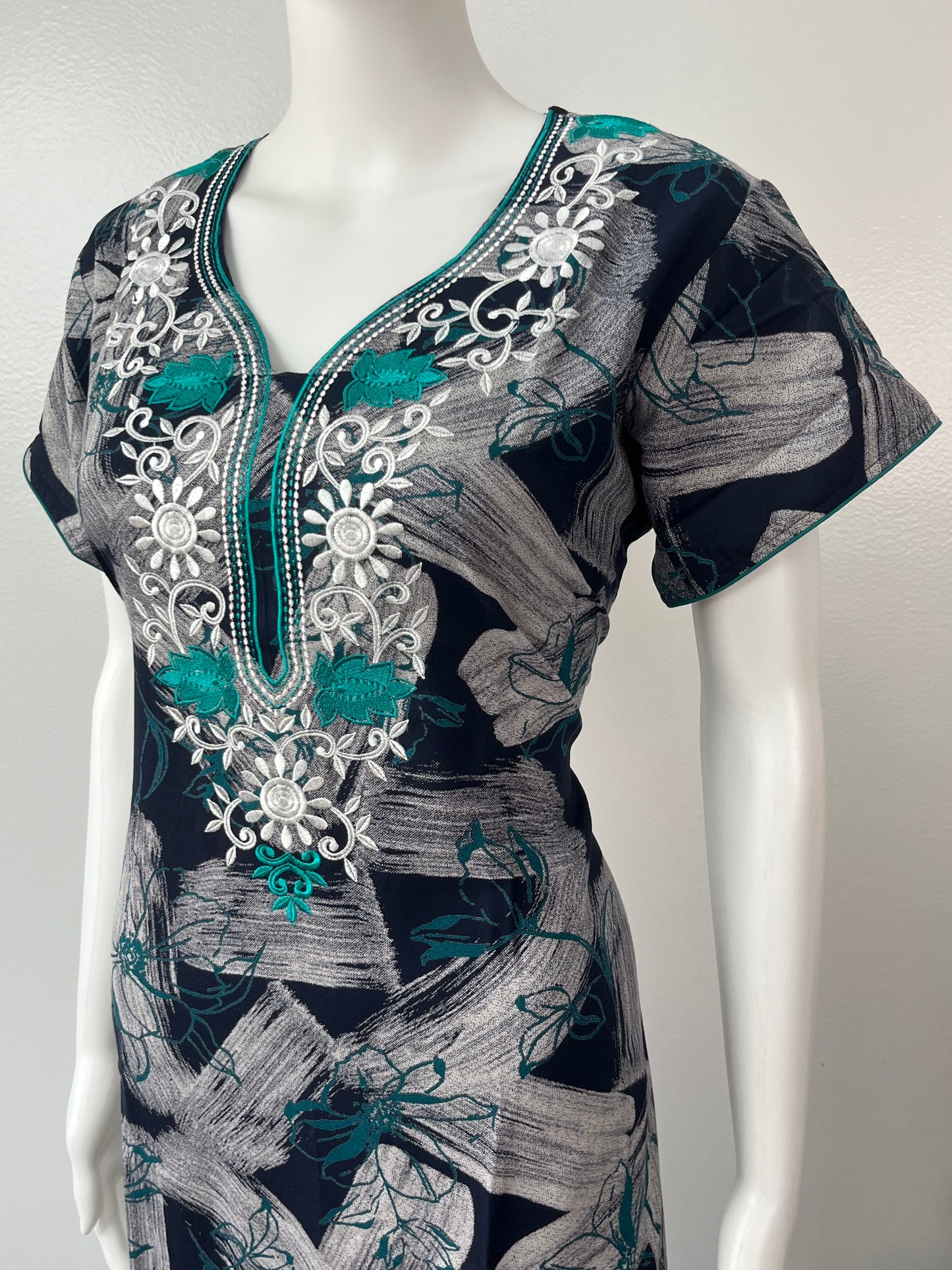 Teal Embroidery Black Alpine Fabric Nighty for Women