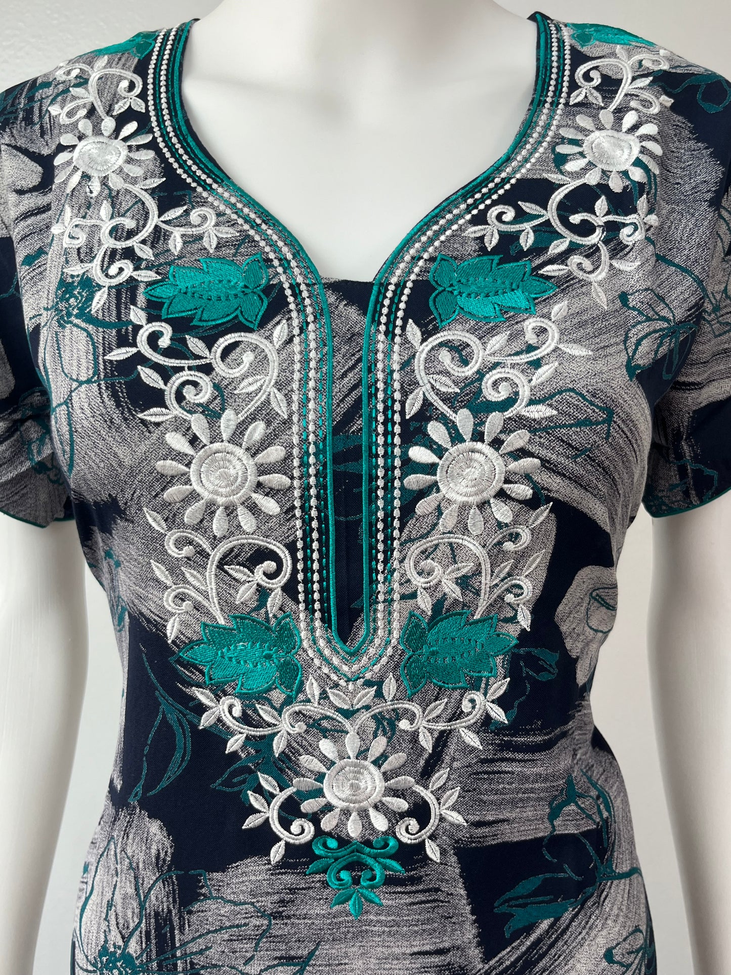 Teal Embroidery Black Alpine Fabric Nighty for Women