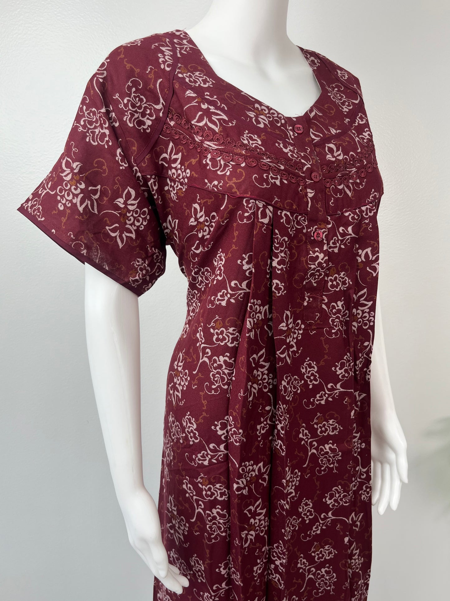 Maroon Pleated Alpine Nighty for Women