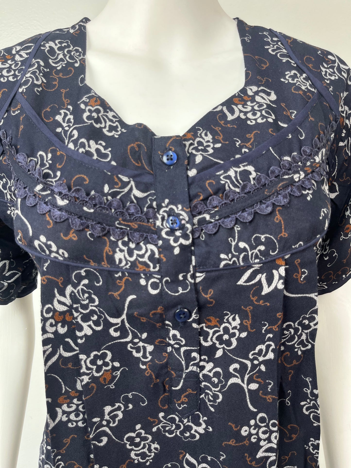 Navy Blue Laced Alpine Fabric Nightgown Soft & Breathable