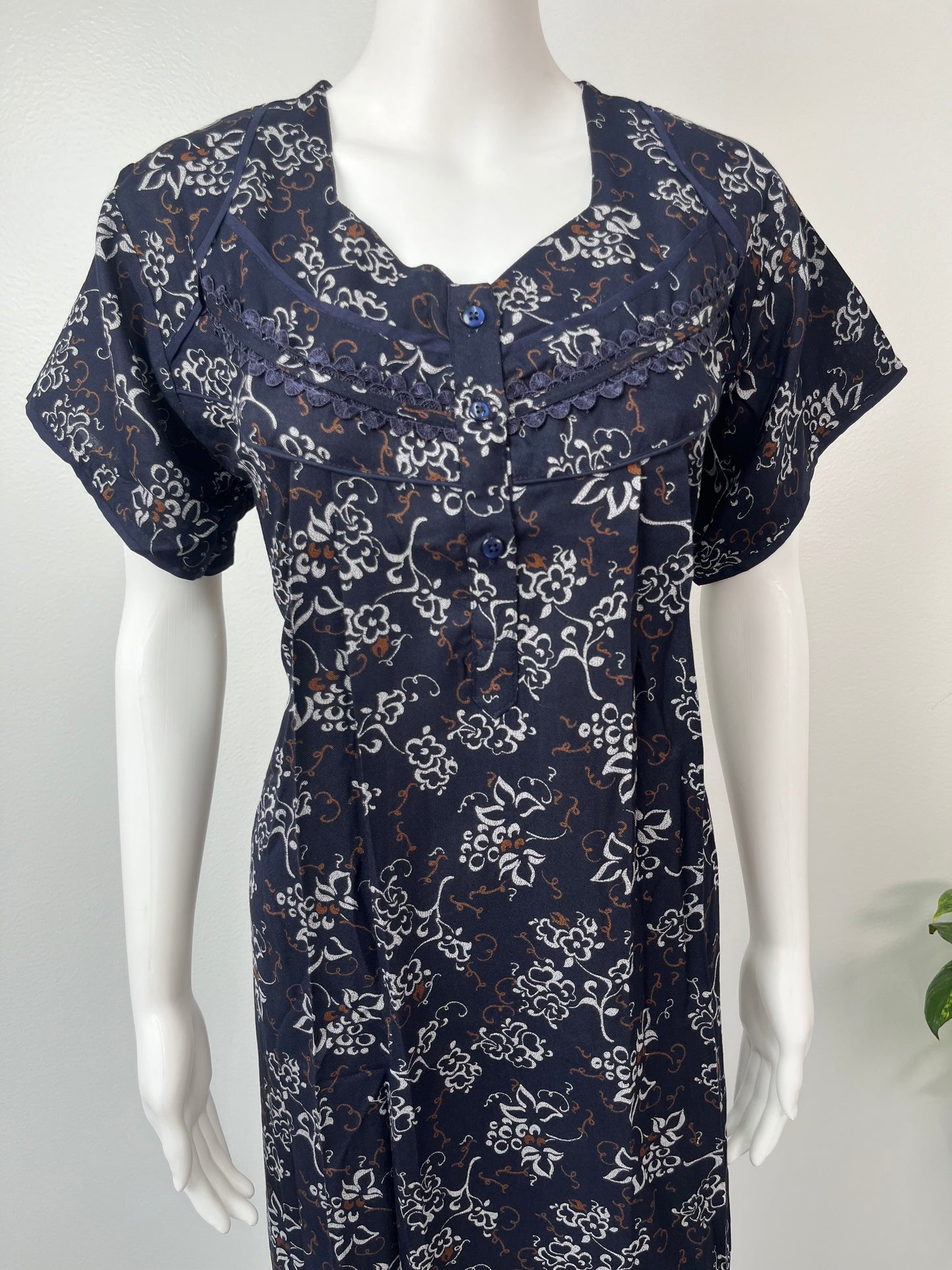 Navy Blue Laced Alpine Fabric Nightgown Soft & Breathable
