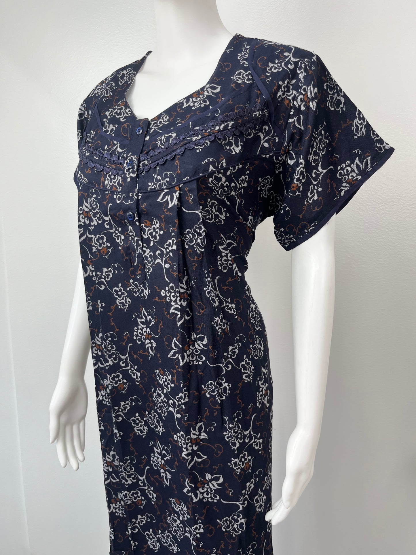 Navy Blue Laced Alpine Fabric Nightgown Soft & Breathable
