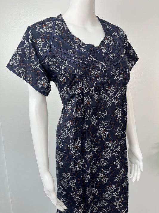 Navy Blue Laced Alpine Fabric Nightgown Soft & Breathable