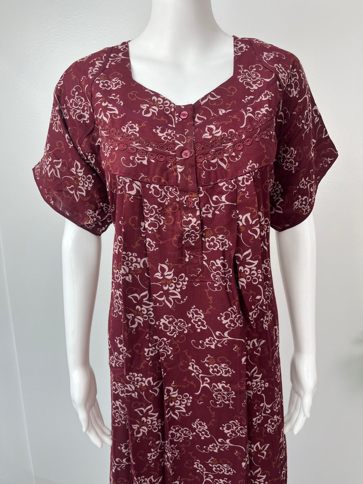Maroon Pleated Alpine Nighty for Women