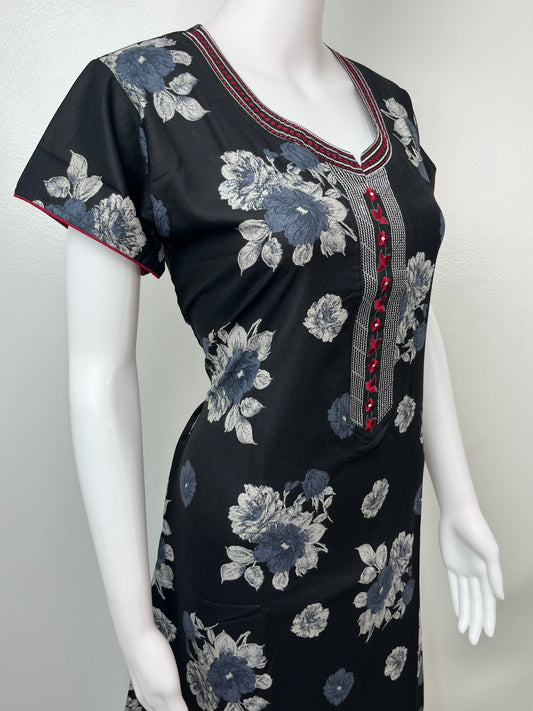 Black Alpine fabric Nightgown with Stylish Embroidery