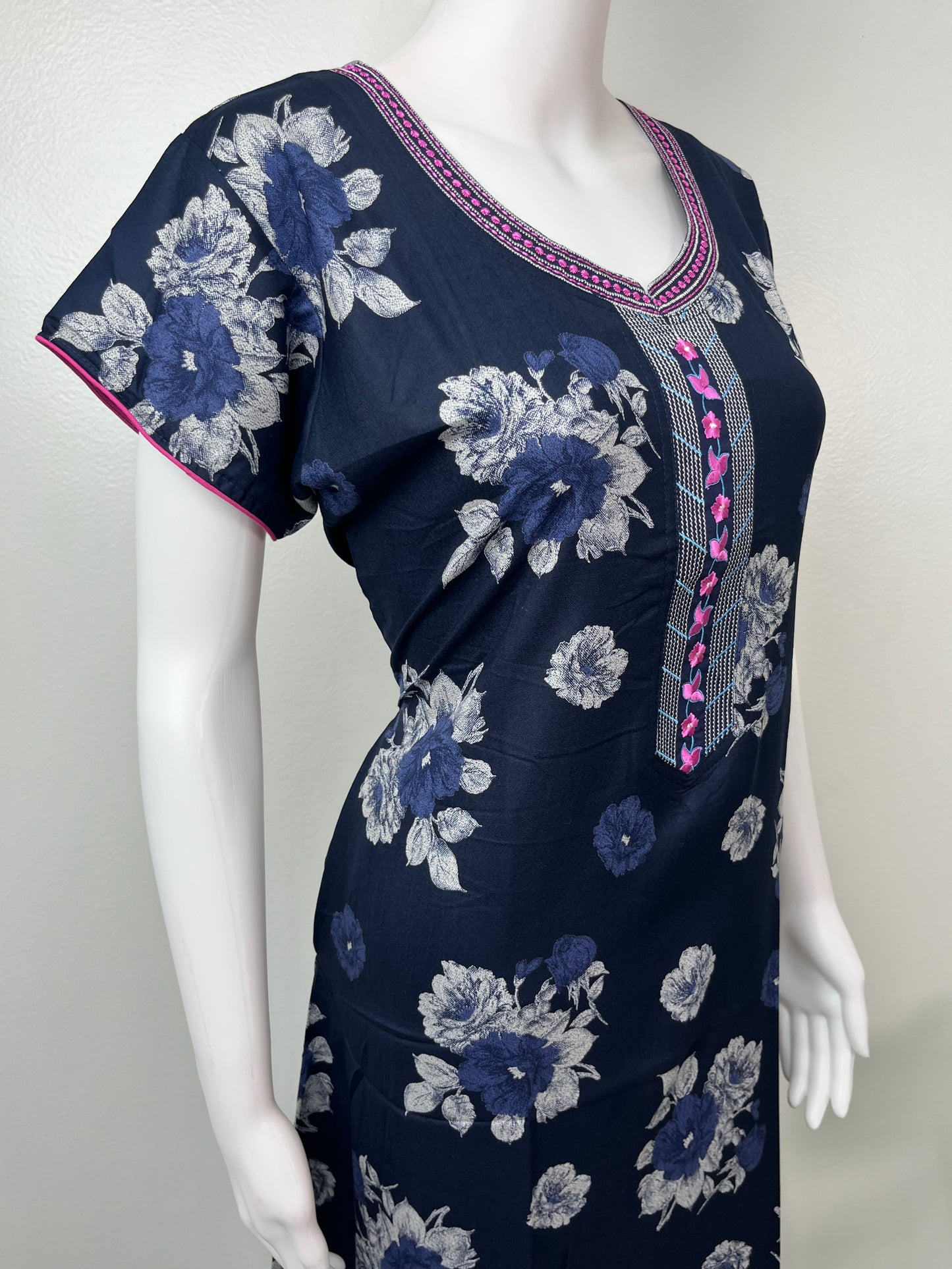 Navy Blue Printed Alpine Fabric Nightgown
