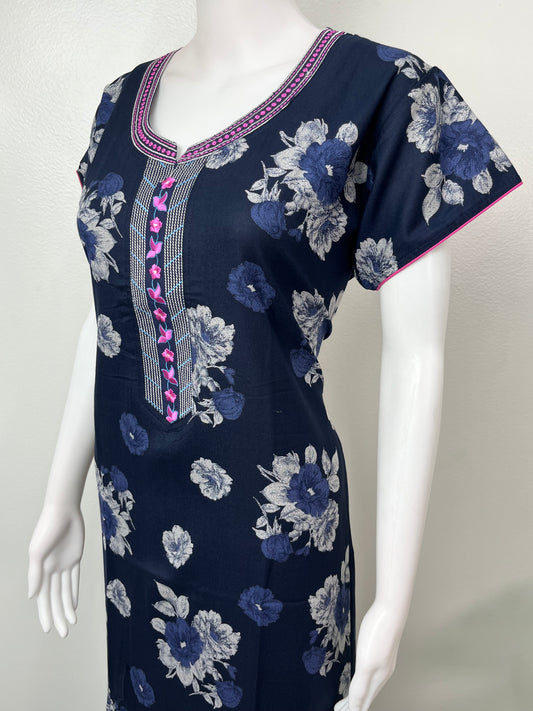Navy Blue Printed Alpine Fabric Nightgown