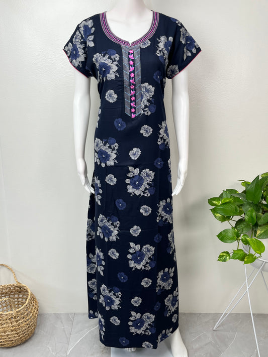 Navy Blue Printed Alpine Fabric Nightgown