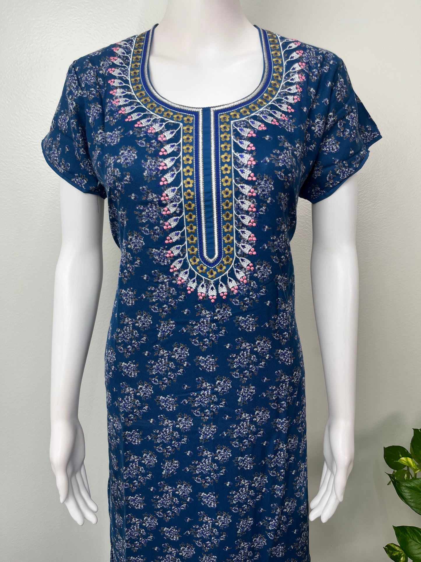 Navy Blue Alpine Fabric Embroidered Nightgown