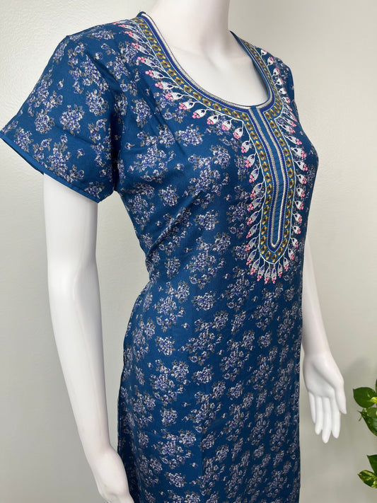 Navy Blue Alpine Fabric Embroidered Nightgown