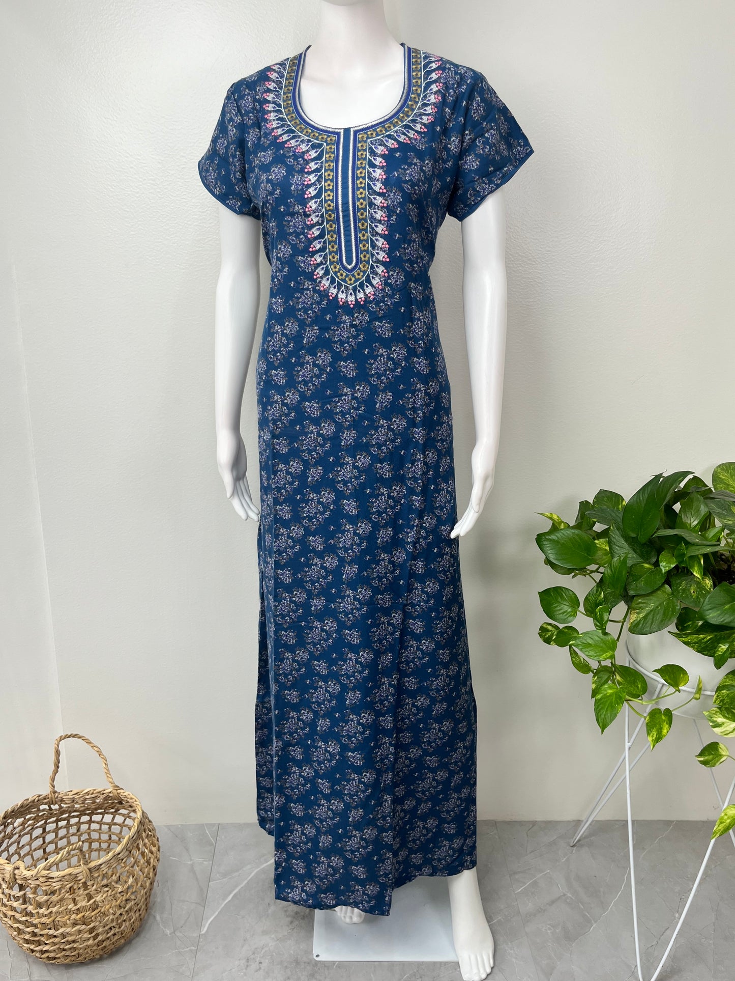 Navy Blue Alpine Fabric Embroidered Nightgown