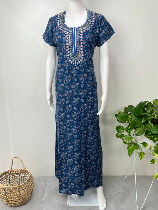 Navy Blue Alpine Fabric Embroidered Nightgown