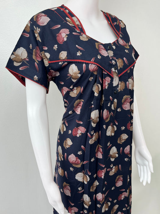Navy Blue Floral Printed Alpine Fabric Nighty Soft & Breathable