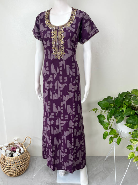 Purple Delicate Embroidery Alpine Fabric Nighty