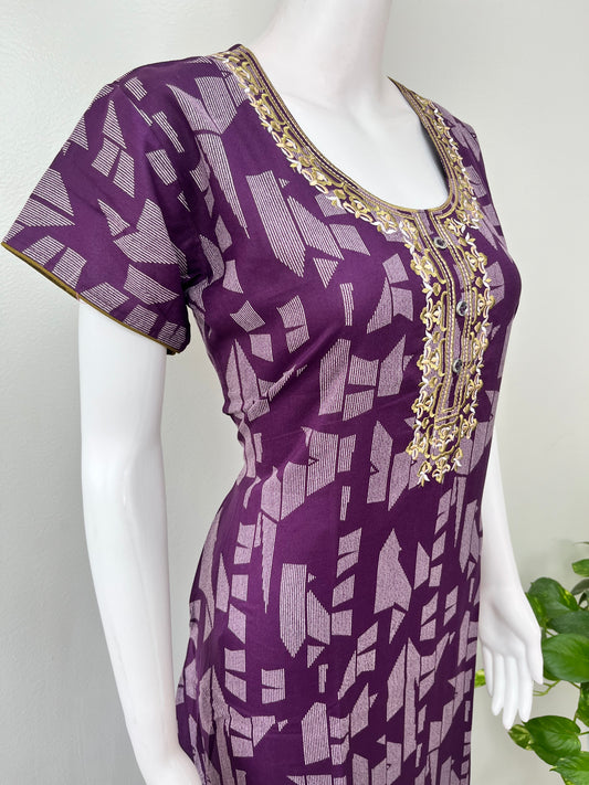 Purple Delicate Embroidery Alpine Fabric Nighty