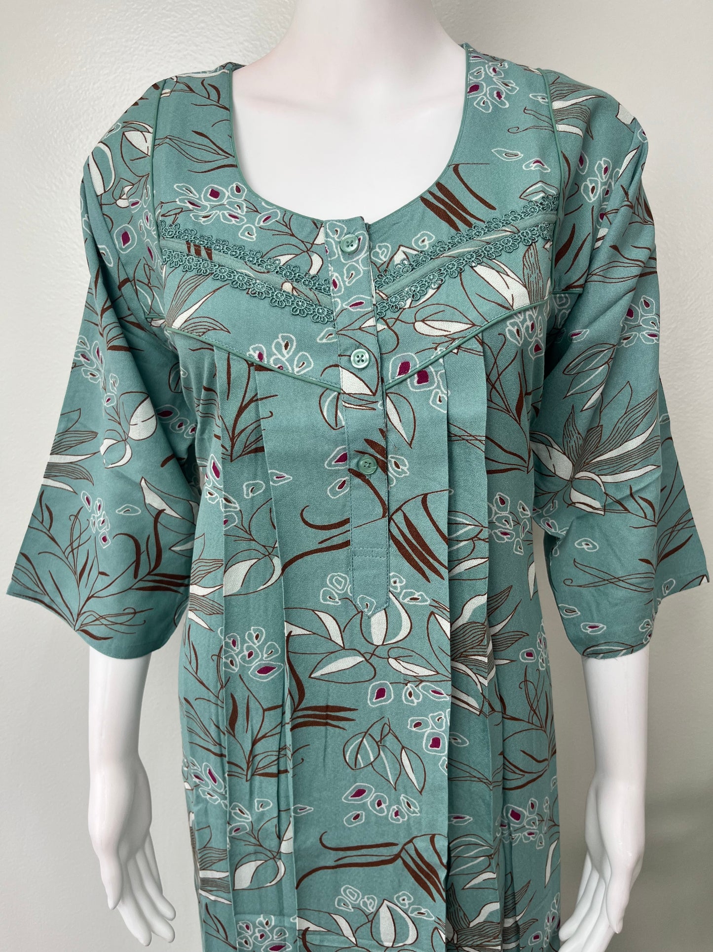 Teal Green Alpine Fabric Nightgown with 3/4th  Sleeves
