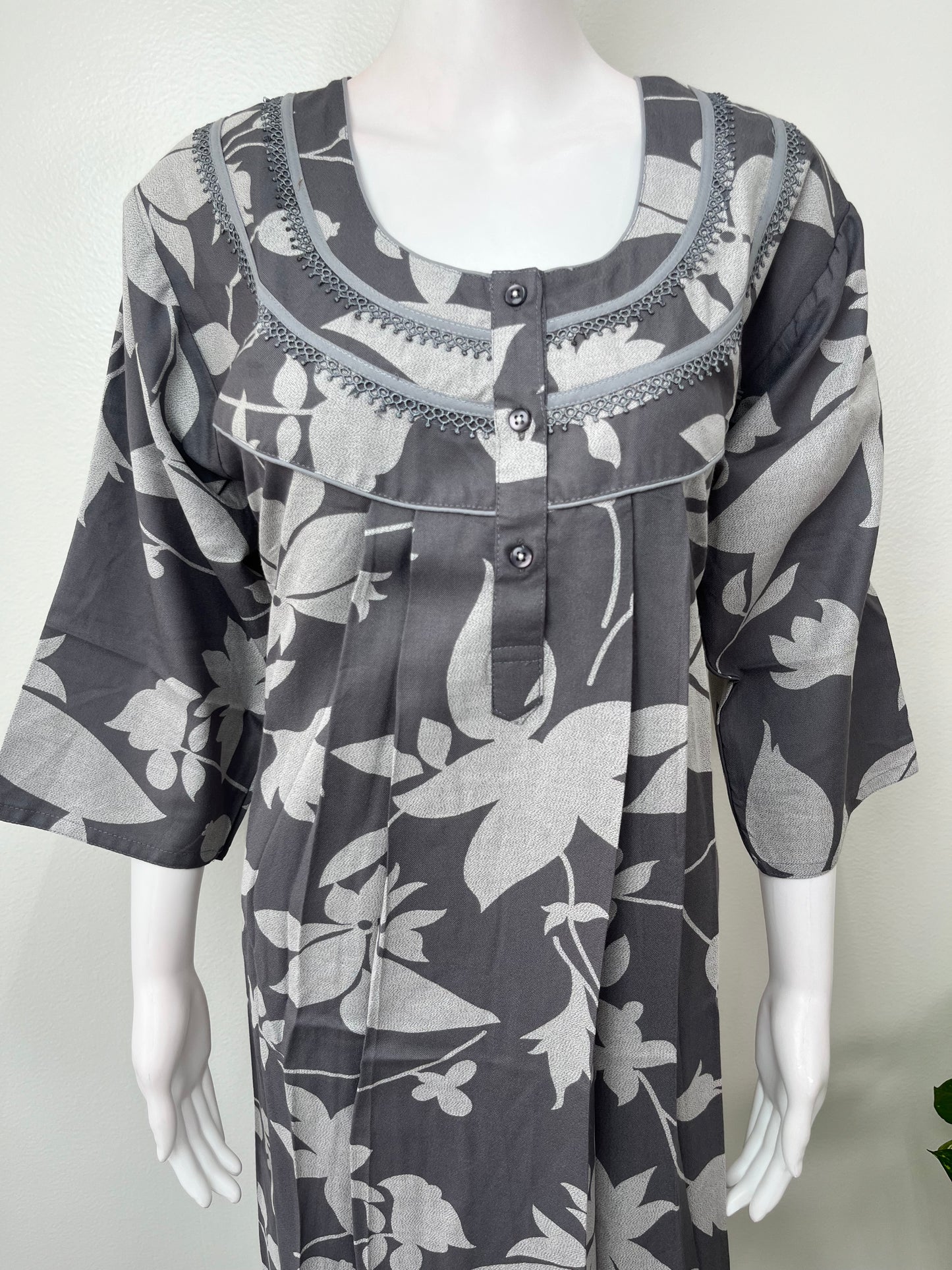 Gray Floral Alpine 3/4th Sleeves Nighty