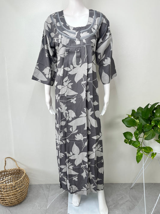 Gray Floral Alpine 3/4th Sleeves Nighty