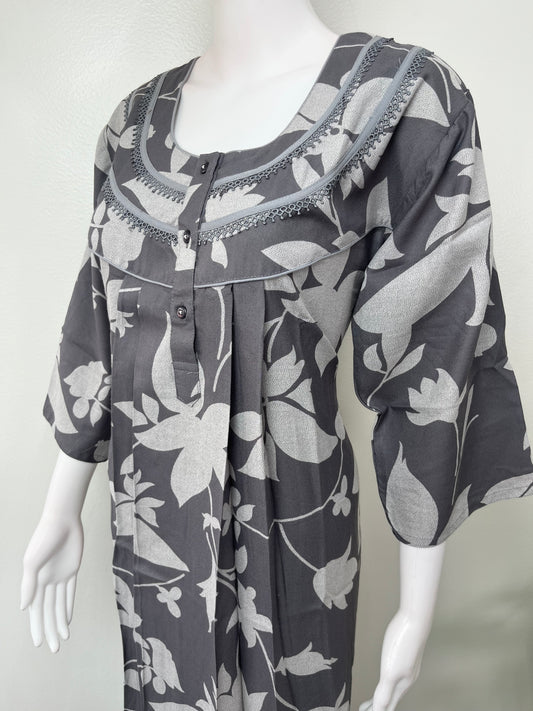 Gray Floral Alpine 3/4th Sleeves Nighty