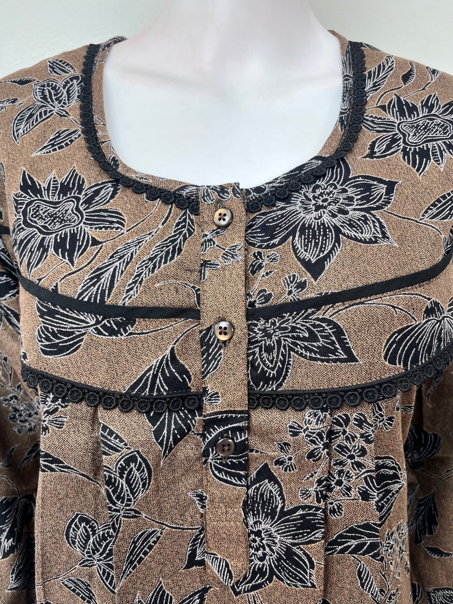 Coffee Printed Alpine Fabric Nightgown with 3/4th Sleeves