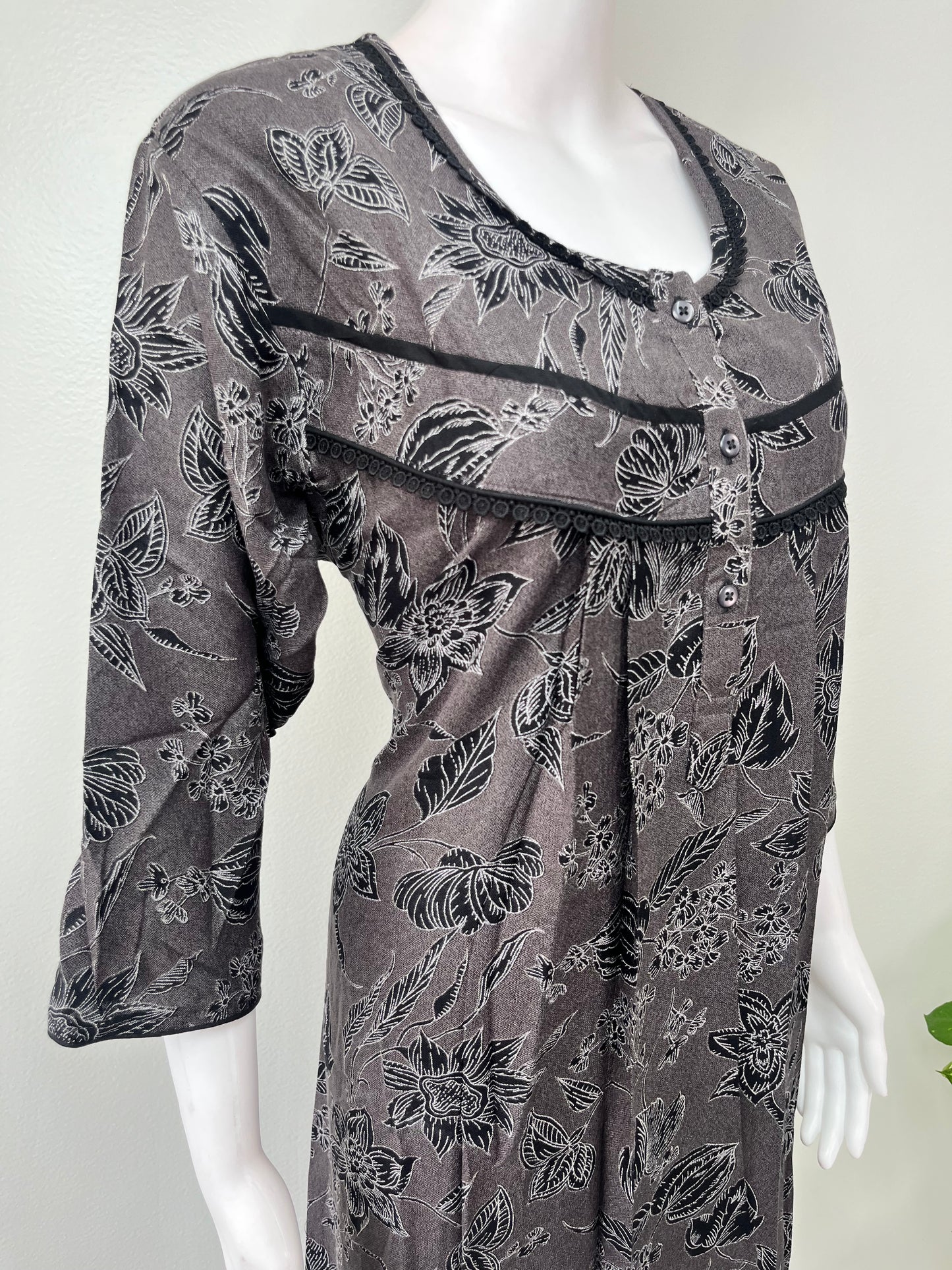 Black Pleated Alpine Fabric Nighty with Long Sleeves