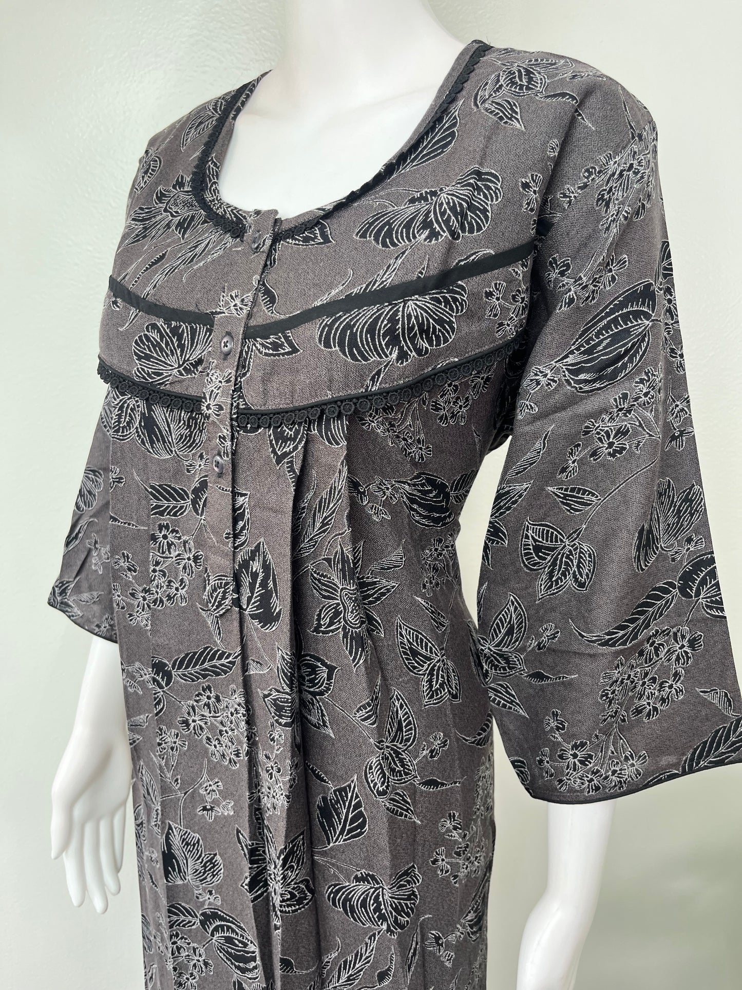 Black Pleated Alpine Fabric Nighty with Long Sleeves