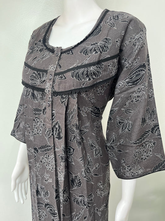 Black Pleated Alpine Fabric Nighty with Long Sleeves