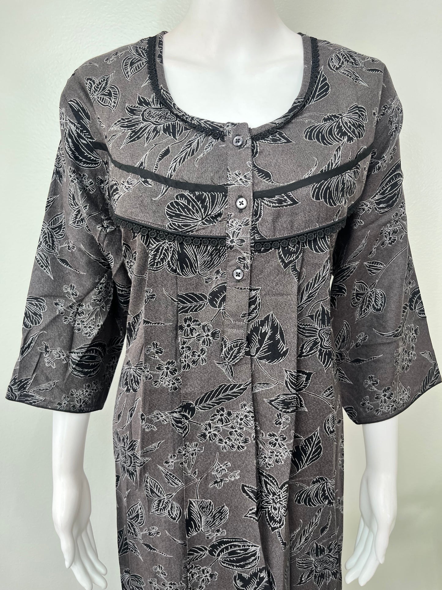 Black Pleated Alpine Fabric Nighty with Long Sleeves