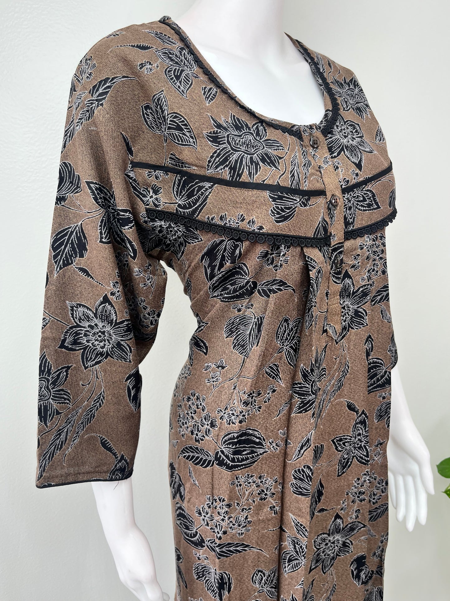 Coffee Printed Alpine Fabric Nightgown with 3/4th Sleeves