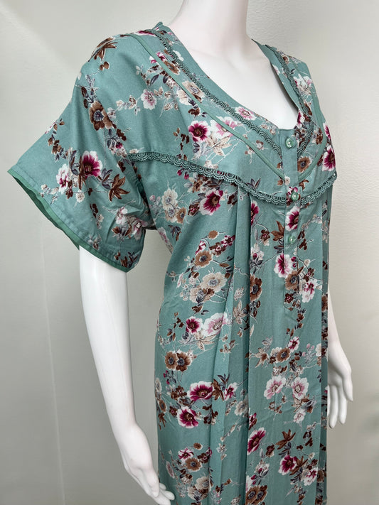 Sea Green Floral Printed Alpine Fabric Nightgown