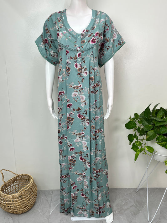 Sea Green Floral Printed Alpine Fabric Nightgown