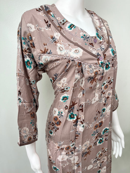 Floral Alpine Fabric Nightgown with Long Sleeves