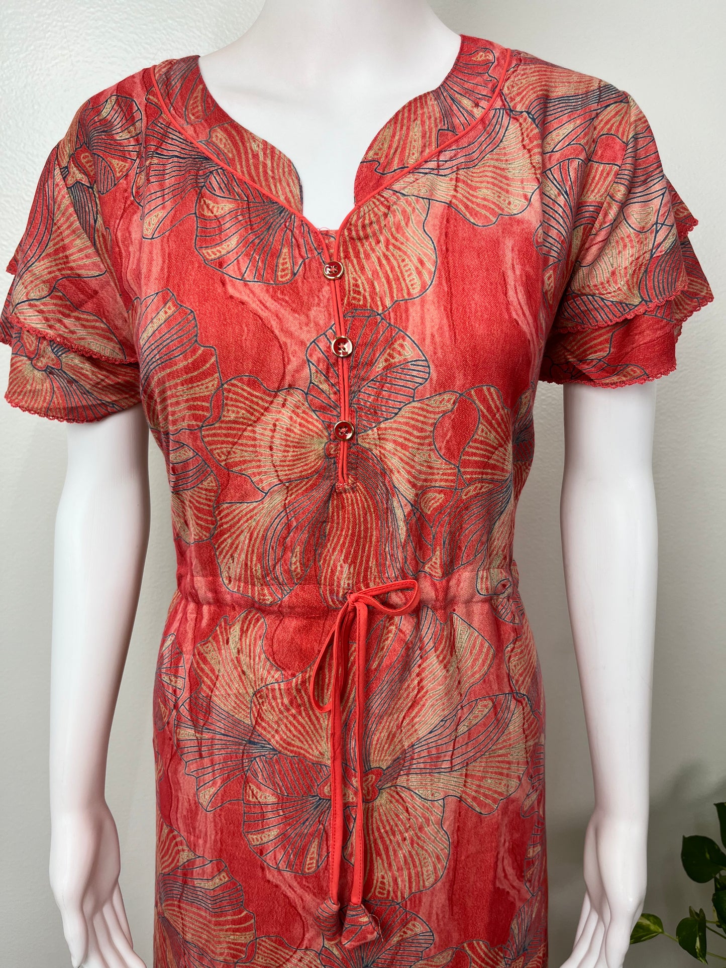 Orange Floral Printed Frock Style Alpine Nighty