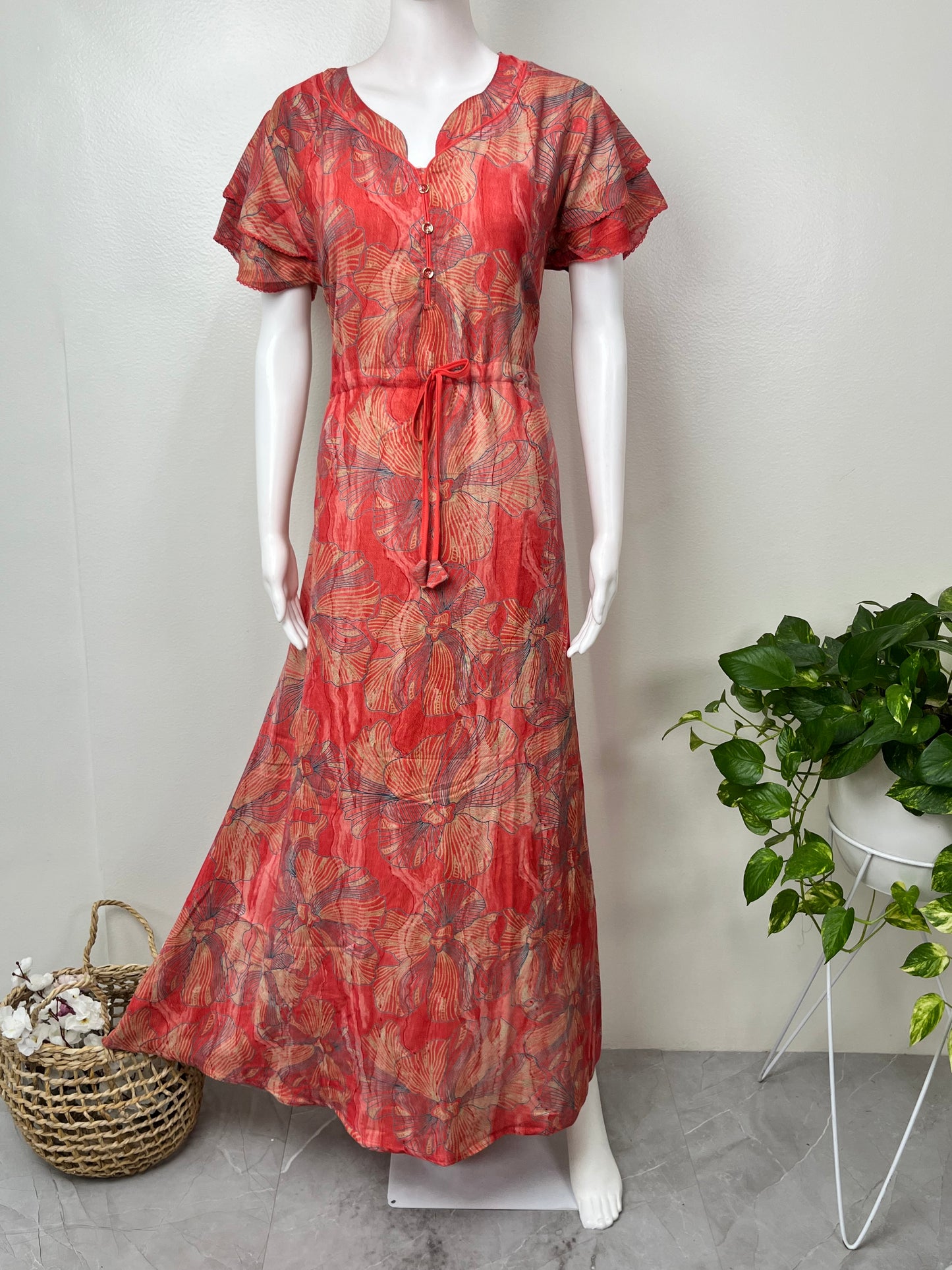 Orange Floral Printed Frock Style Alpine Nighty